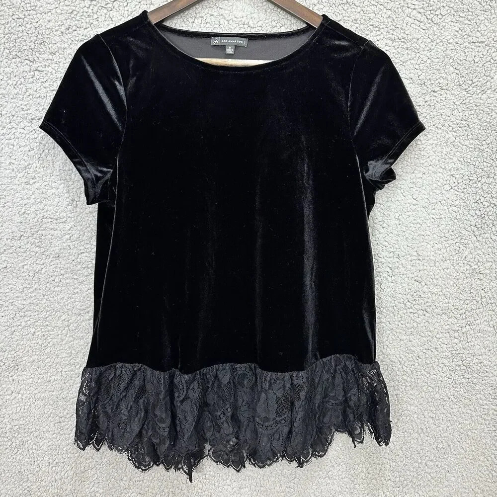 Adrianna Papell Black Velvet Short Sleeve Top Lace  Whimsigoth 90s Witchy Size M